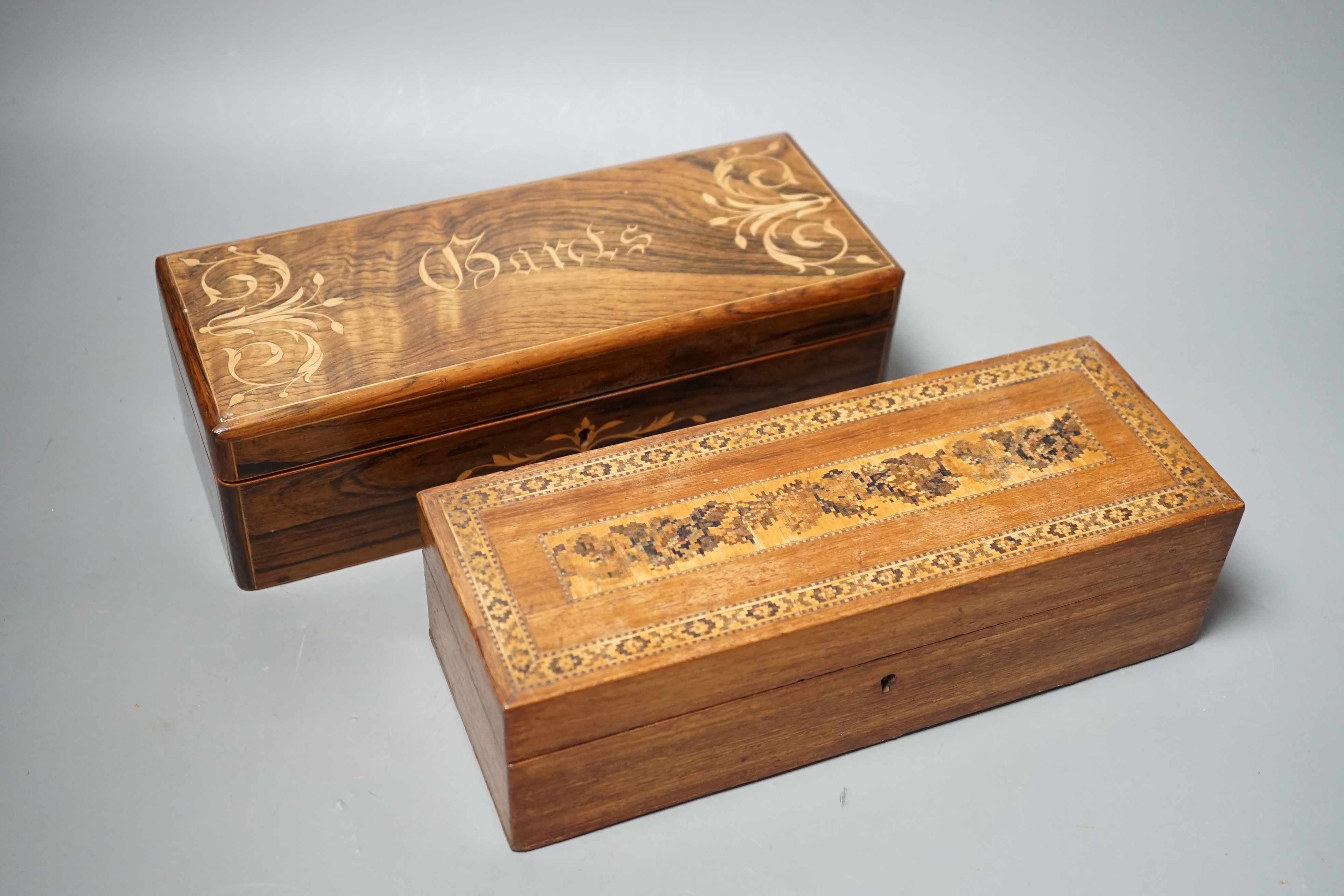 A late 19th century French rosewood 'Gants' box and a Tunbridge ware glove box, widest 26cm